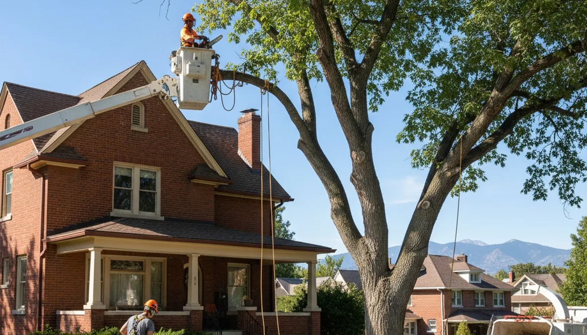 Professional tree service crew in Littleton, CO removing a tree for a local property